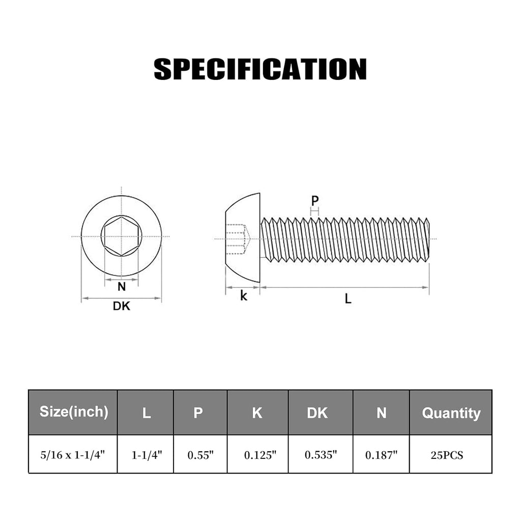 VGBUY 25Pcs 5/16-18 x 1-1/4" Button Head Socket Cap Bolts Screws, 304 Stainless Steel 18-8, Allen Hex Drive, Bright Finish, Fully Threaded, Hex Spanner Included