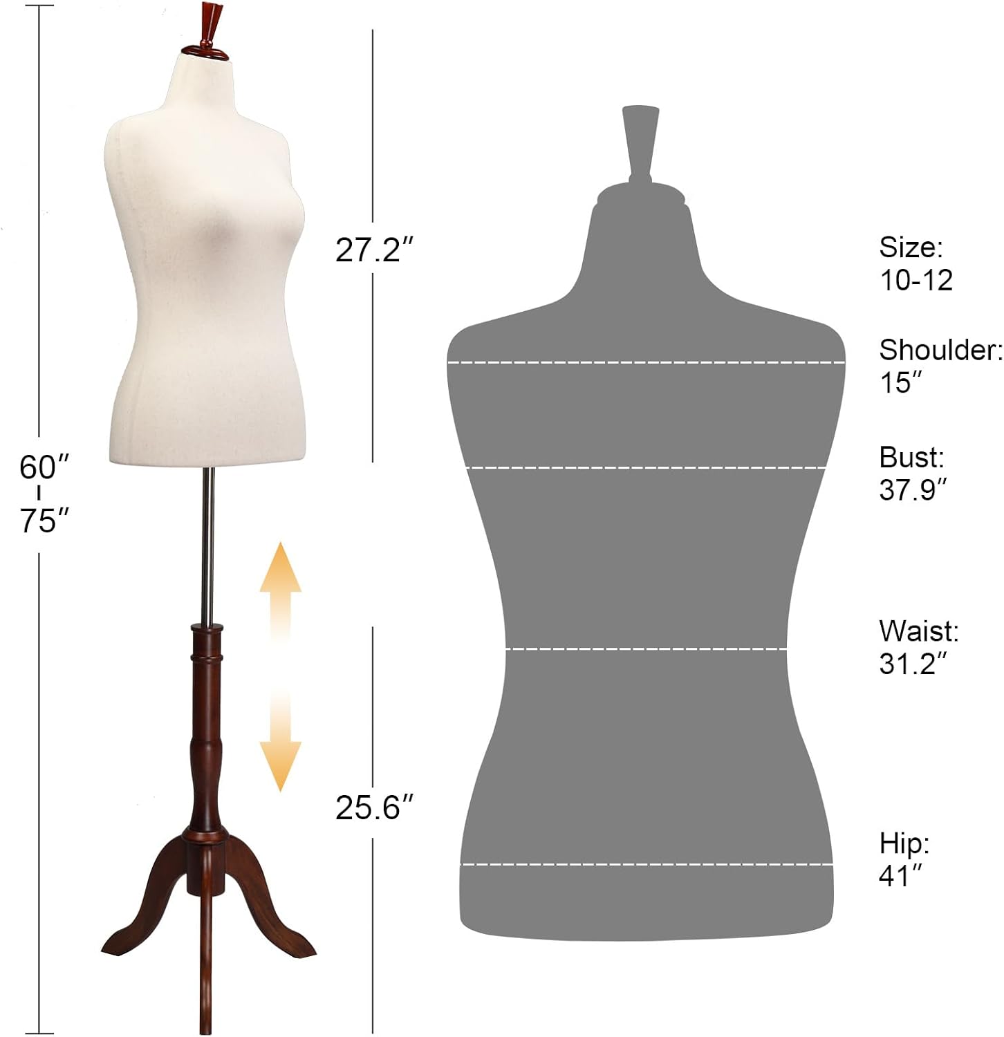Female Dress Form Pinnable Mannequin Body Torso with Wooden Tripod Base Stand (Beige, 10-12)