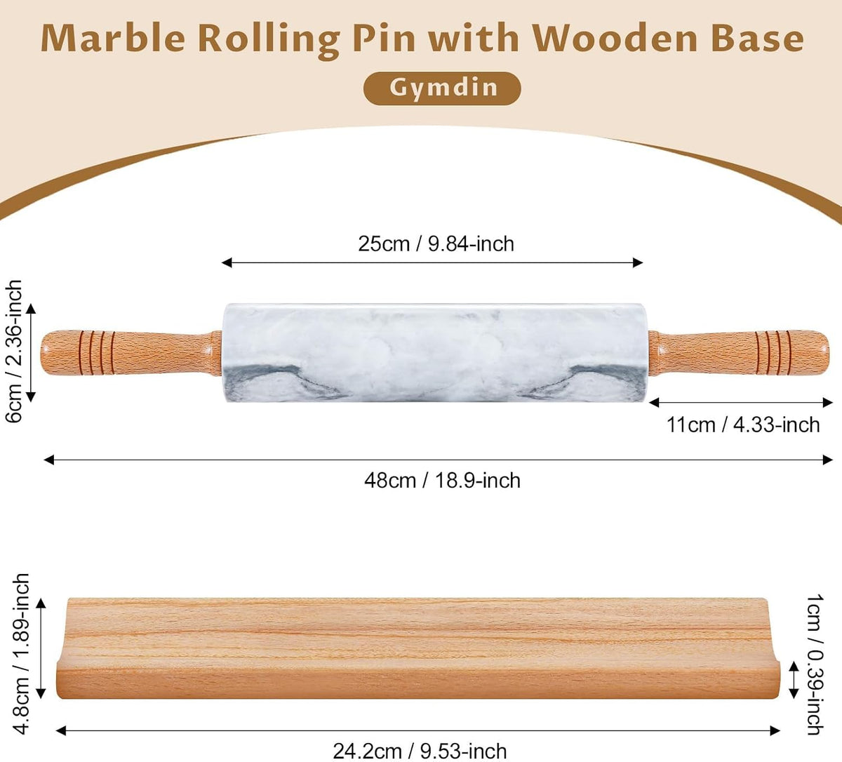 Marble Rolling Pin - 18.9" Marble Rolling Pins for Baking, Pastry, Pizza Dough & More - Polished Non-Stick Surface
