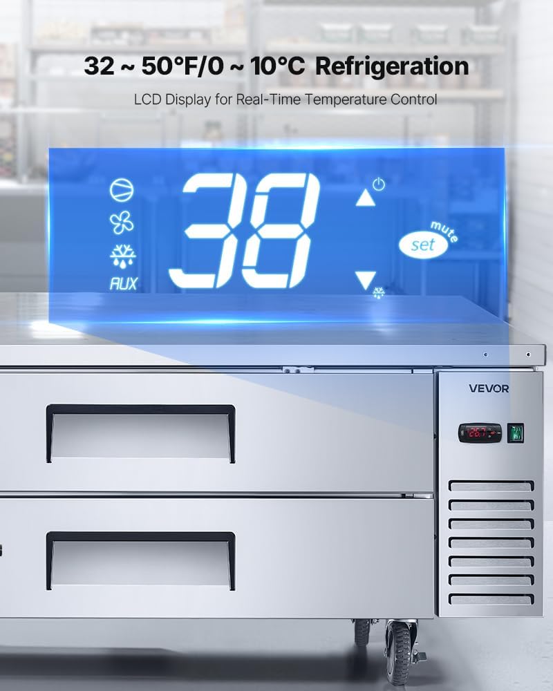Chef Base Refrigerator, 52" W Commercial Chef Bases Worktop Refrigerators, 2-Drawer Under Counter Fridge with 8 Pans