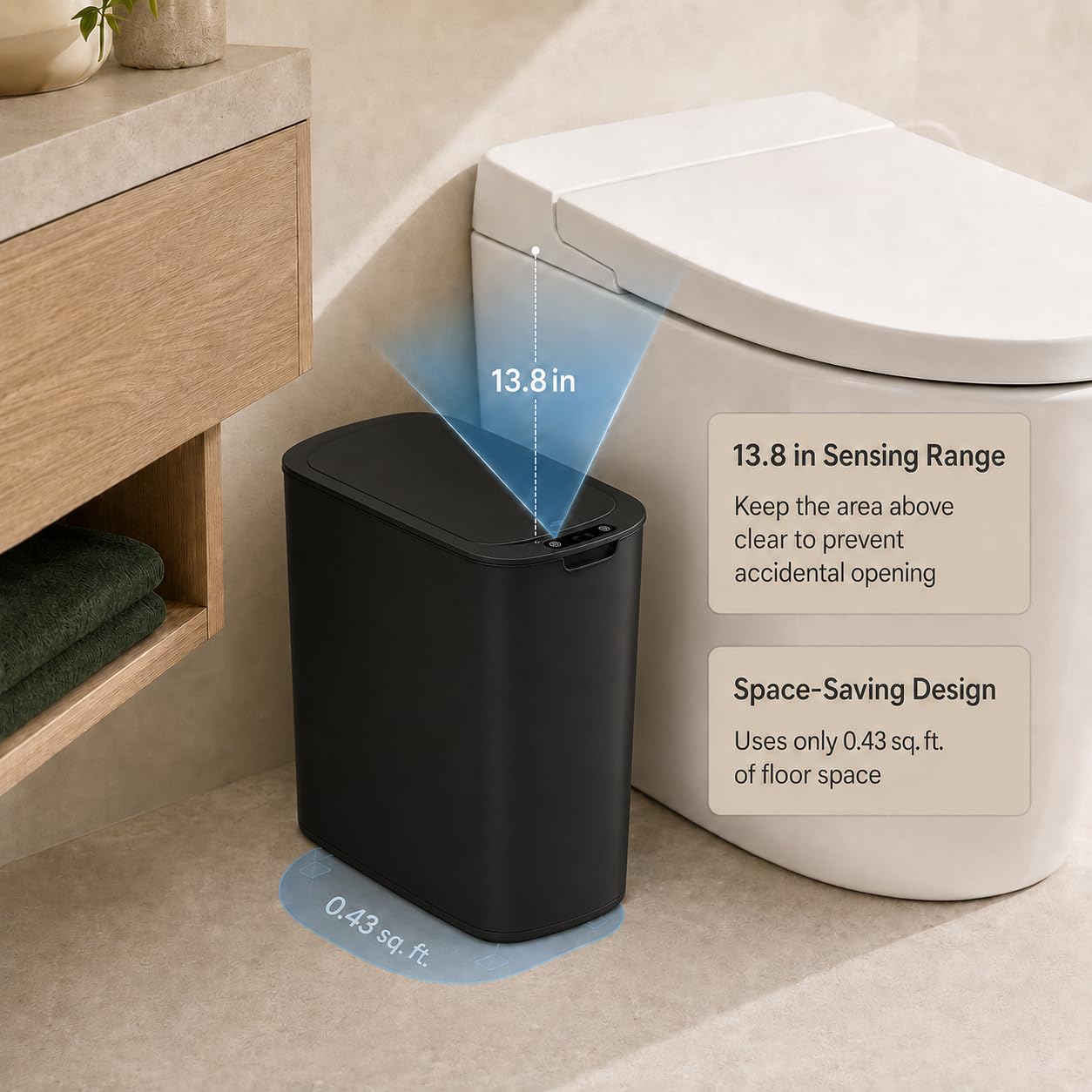 Automatic Motion Sensor Bathroom Trash Can with Lid, 2.6 Gallon Touchless Trash Bin, Smart Garbage Can Plastic Slim