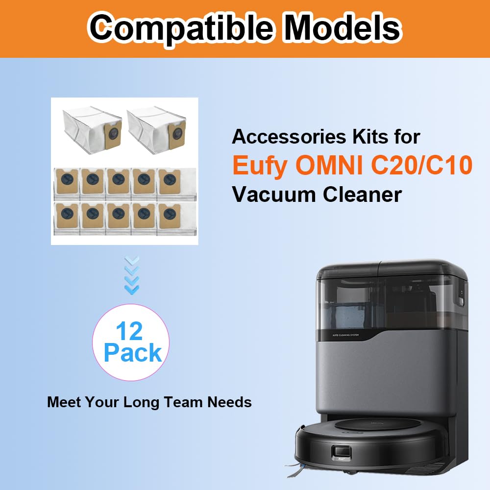 12 Pack Omni C20 C10 Replacement Dust Bags Compatible with Eufy C10, C20 Omni Robot Vacuum, Large Capacity Replacement Vacuum Bags