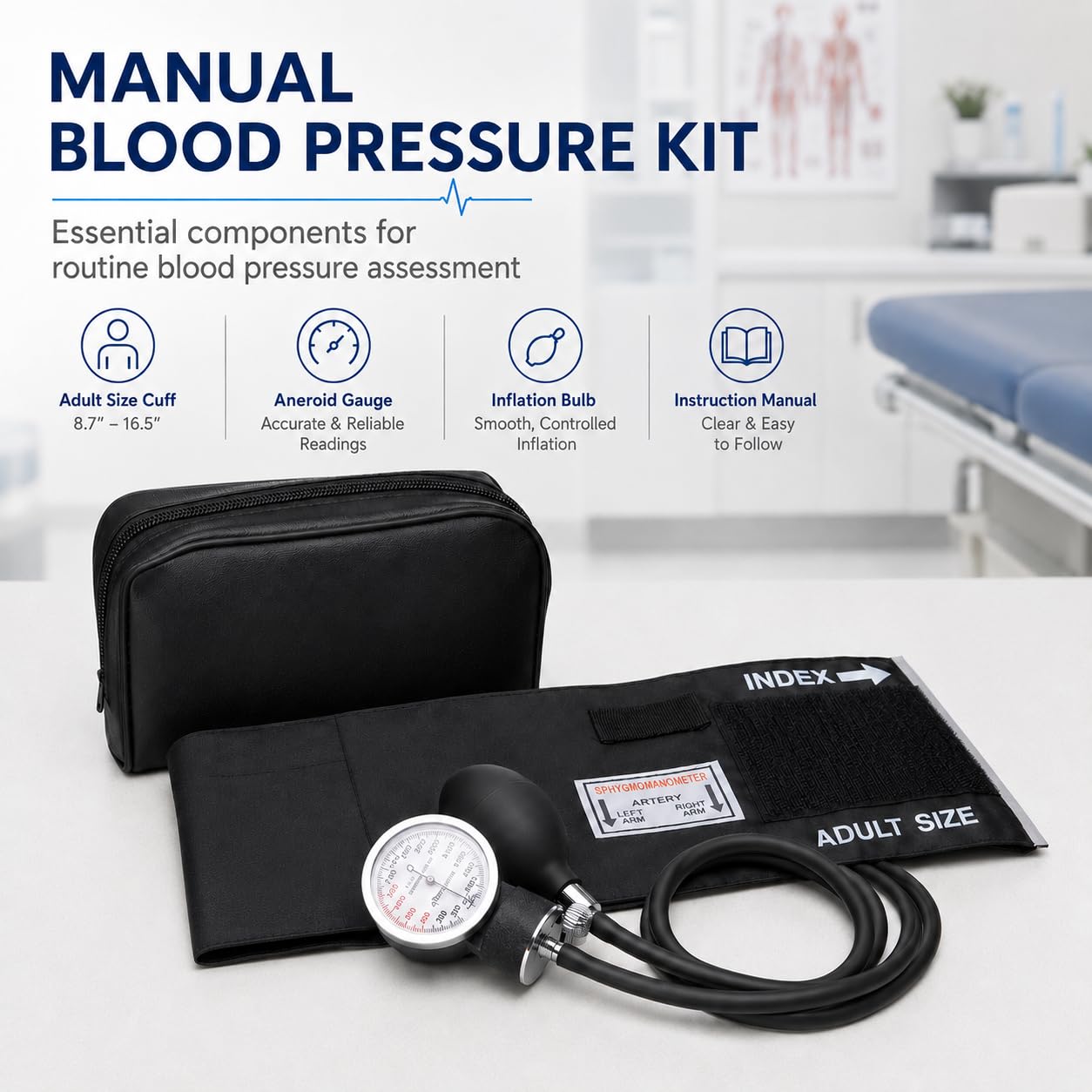 Professional Black Adult Size Blood Pressure Monitor, 8.7”-16.5", Aneroid Sphygmomanometer Medical Supplies, Manual