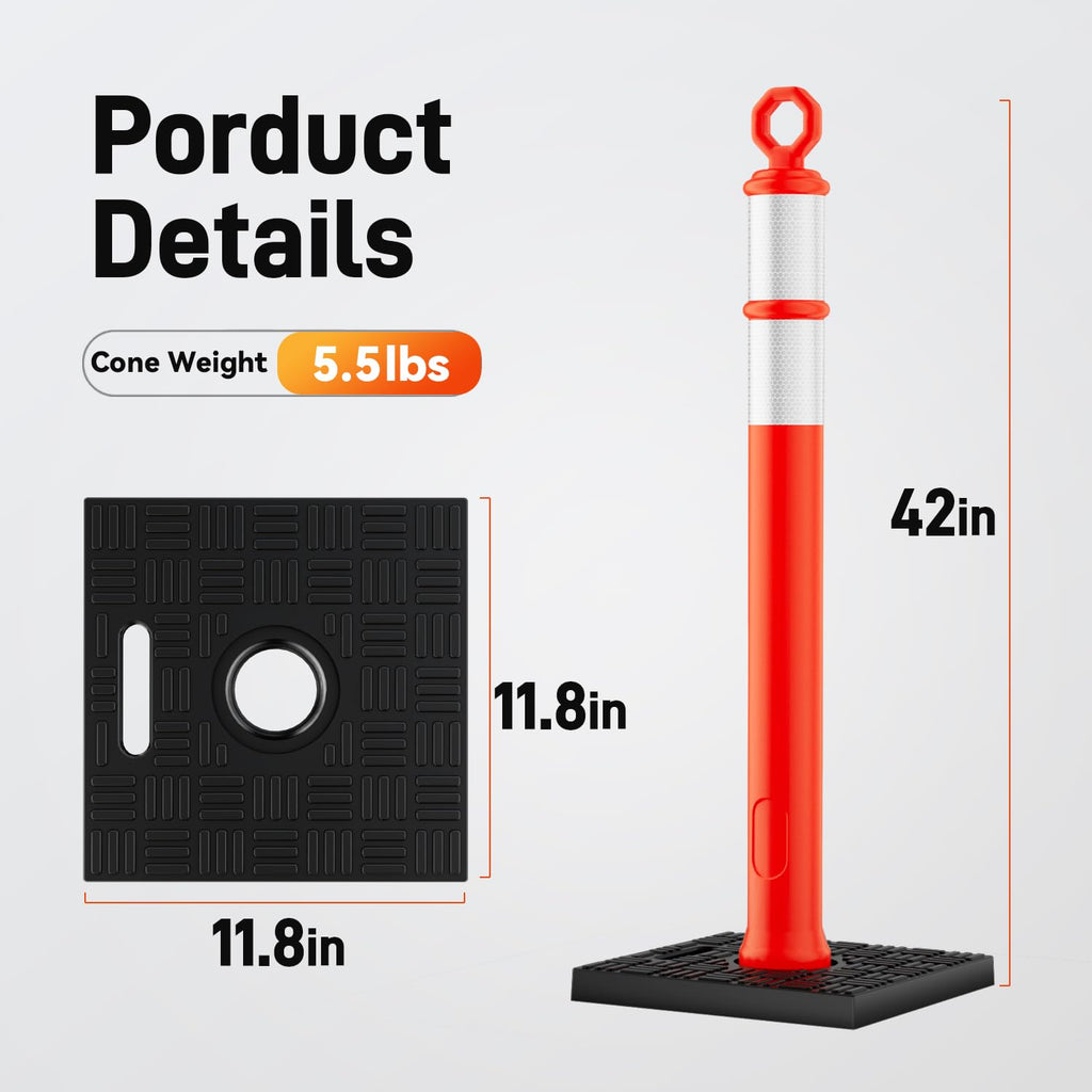 6 Pack 42" Traffic Delineator Posts, Tall Cones for Parking | Detachable Base Stores Easily; Reflective Strips