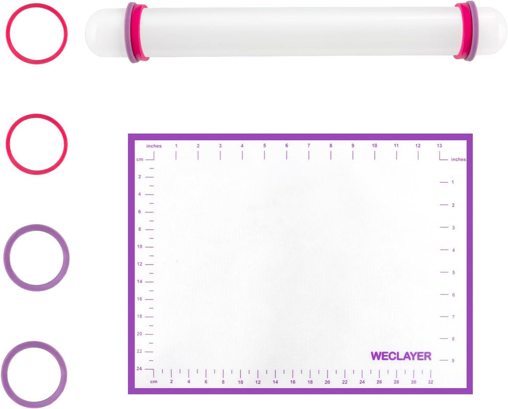 Clay Roller with Thickness Rings and 16" x 12" Silicone Clay Mat with Measurement,Oven-Safe Work Mat with