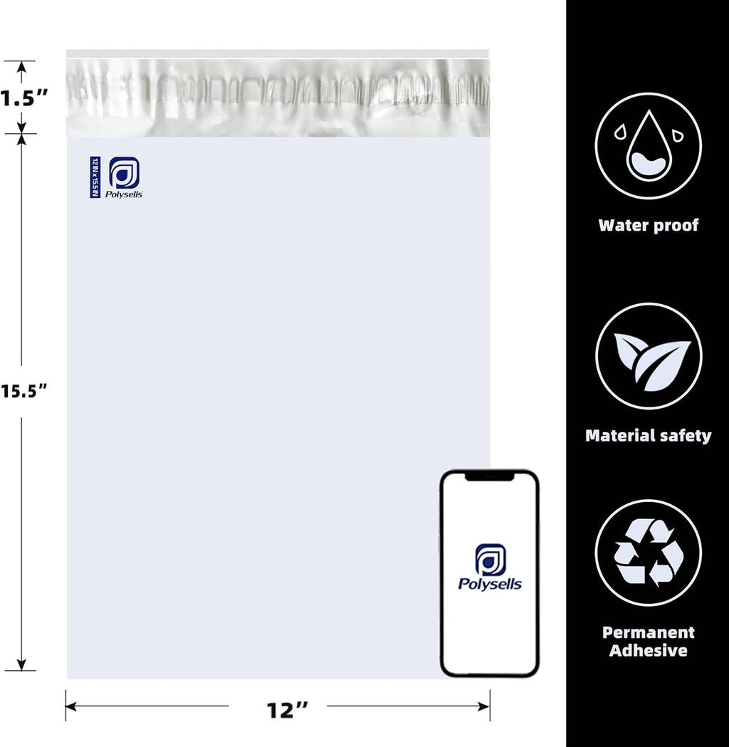 50 pcs 12x15.5 Inches White Poly Mailers Shipping Envelopes, Strong Adhesive Sealing, Waterproof, and Tear-resistant