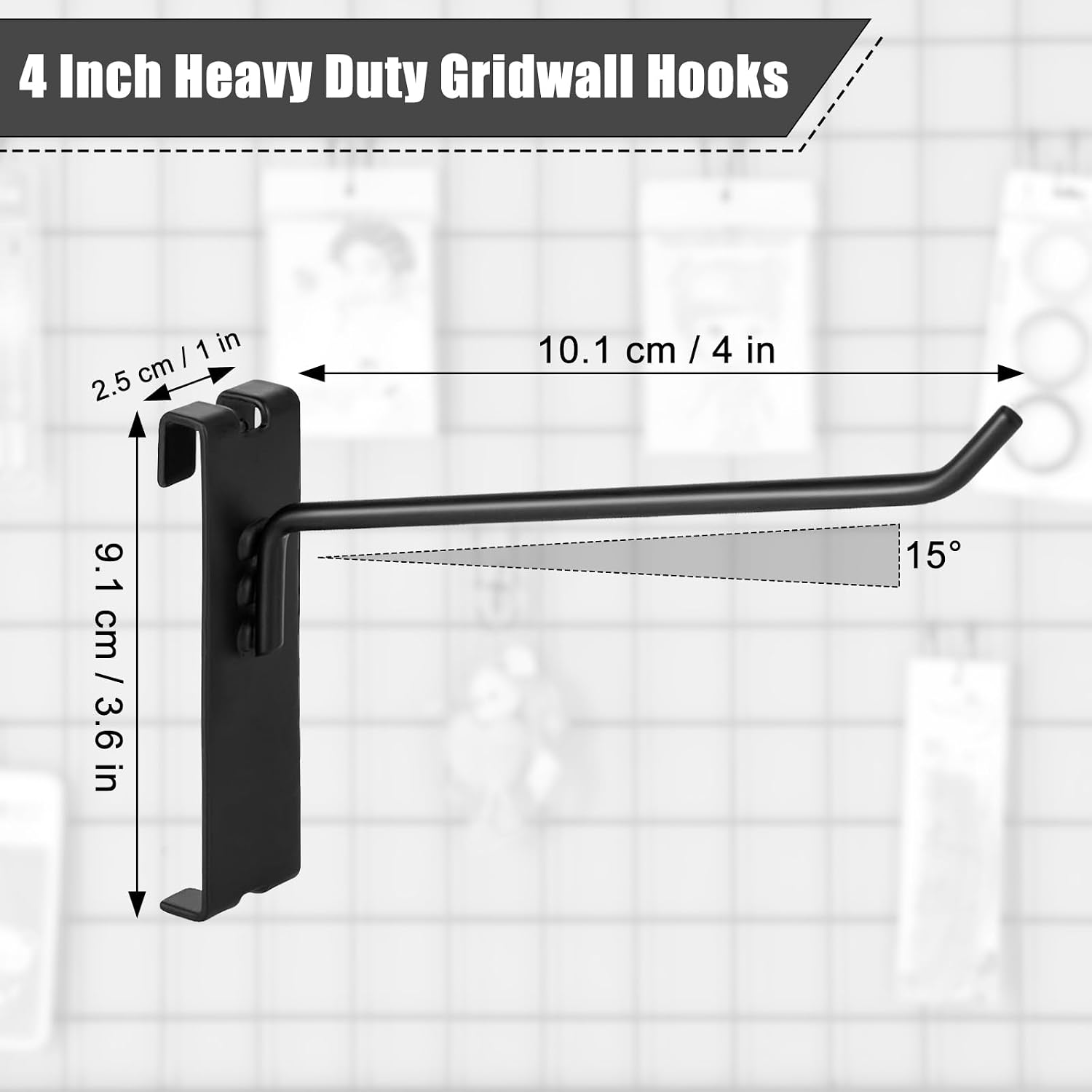 Gridwall Hooks - 4 Inch Heavy Duty Black Display Hooks for Grid Wall Panel Hanging (12Pcs)
