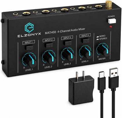 4 Channel Mini Audio Mixer, Stereo Line Mixer with Mono/Stereo Switch, Ultra-Low Noise Sub-Mixer, 1/4" & 1/8" TS/TRS