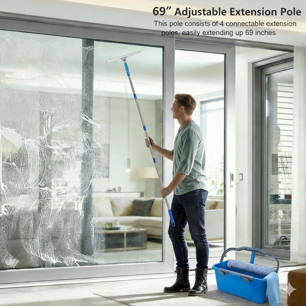 Window Cleaning Kit with 6ft Long Handle, 3 Gallon Bucket,14" Squeegee,15" Microfiber Scrubber,Spray Bottle