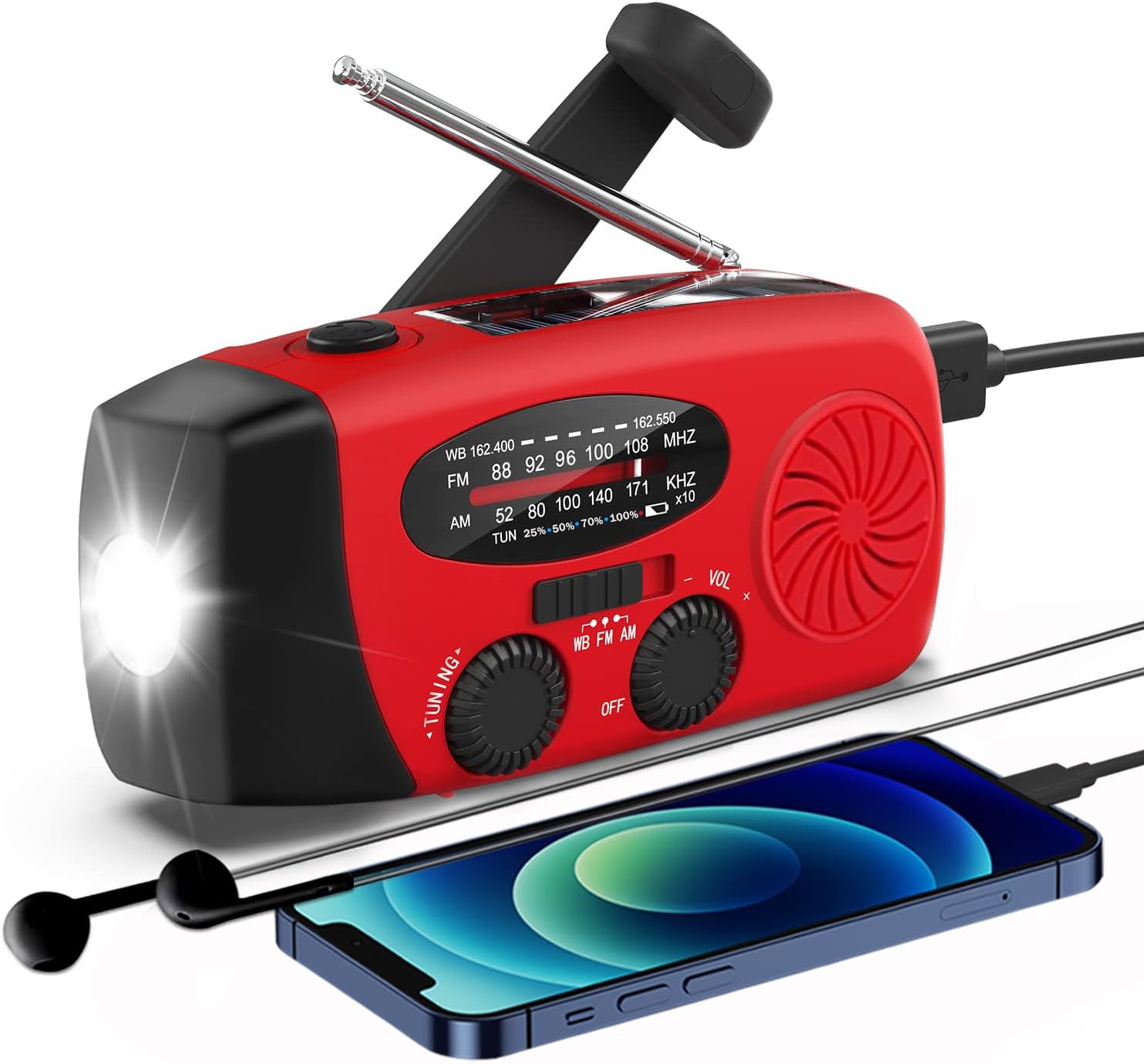 Solar Hand Crank NOAA Weather Radio, AM/FM, 2000mAh Charger, Light, SOS | 7400mWh Emergency USB phone charge, 3 LED