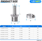 TAILONZ 12Pcs 304 Stainless Steel 1/2" Barb-1/2" Male NPT Hose Barb Adapter