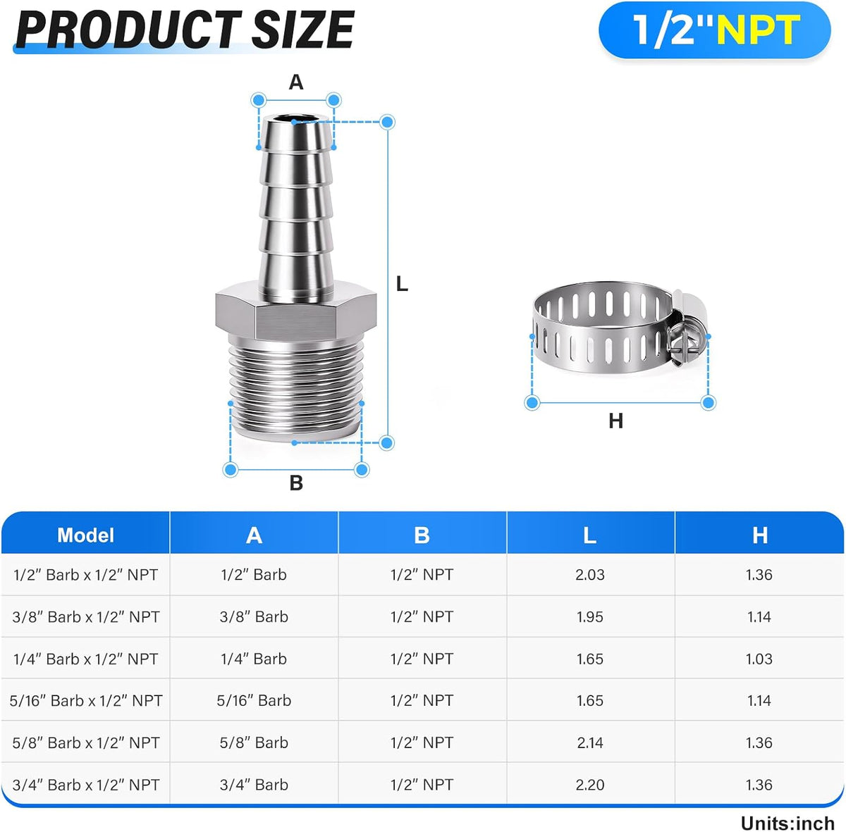 TAILONZ 12Pcs 304 Stainless Steel 1/2" Barb-1/2" Male NPT Hose Barb Adapter