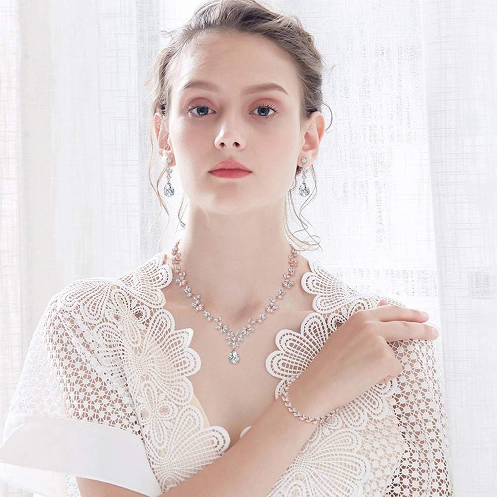 Jewelry Set for Women, Necklace Dangle Earrings Bracelet Set with White AAA Cubic Zirconia, Allergy Free Wedding