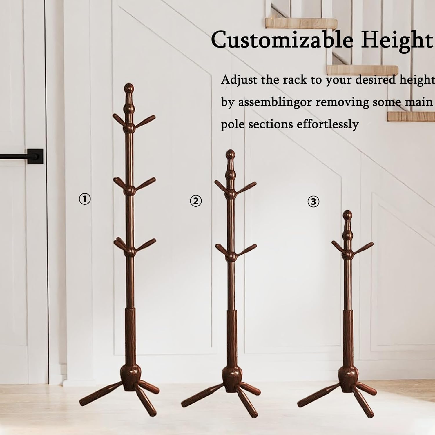 Solid Wood Coat Rack Stand, Vintage Heavy Duty Coat Hanger Stand with 9 Hooks, 3 Adjustable Size Sturdy Coat Tree for