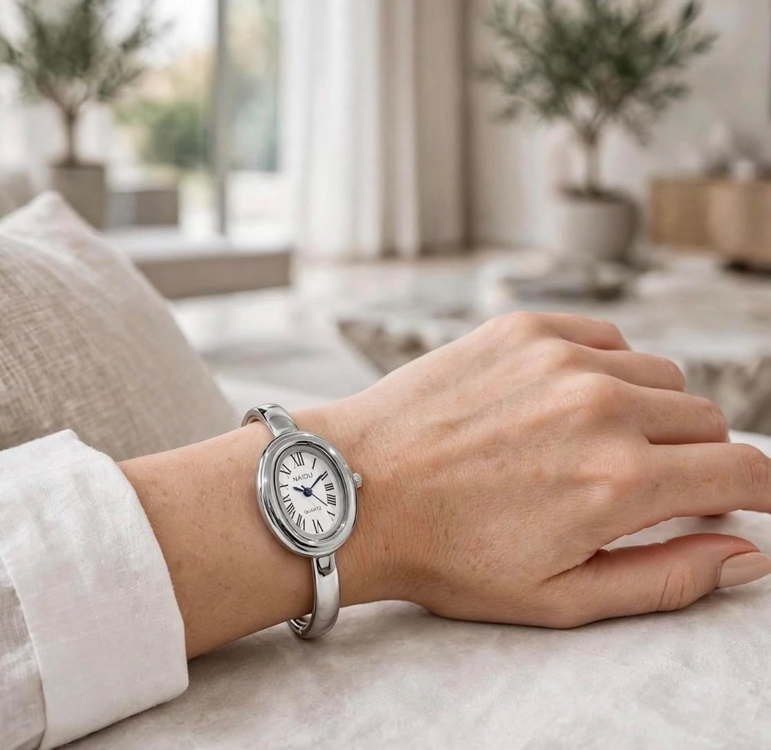 Women's Bangle Bracelet Watch, Oval Dial, Roman Numeral, Elegant Style