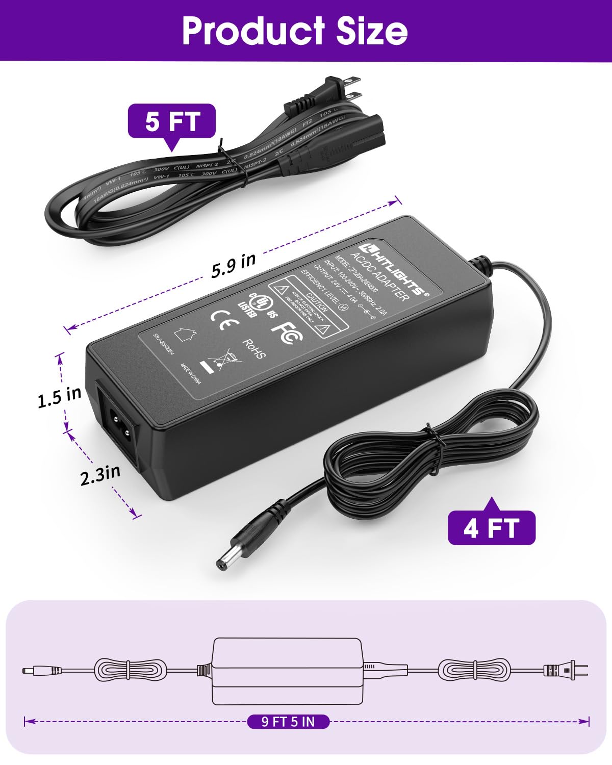 24V 4A 96W Power Supply, AC/DC LED Adapter, Class 2, UL-Listed