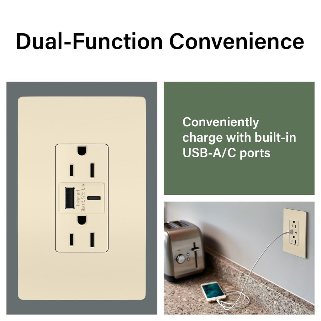 Legrand 15 Amp TR Spec Grade Outlet USB Type A/C Light Almond 1Pack