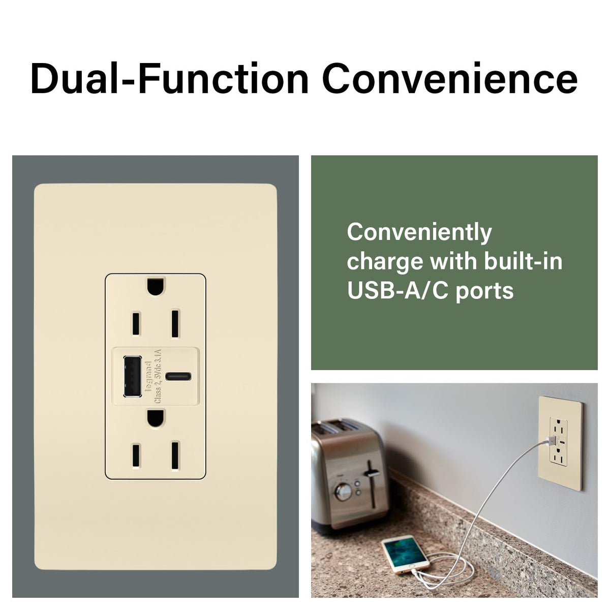 Legrand 15 Amp TR Spec Grade Outlet USB Type A/C Light Almond 1Pack
