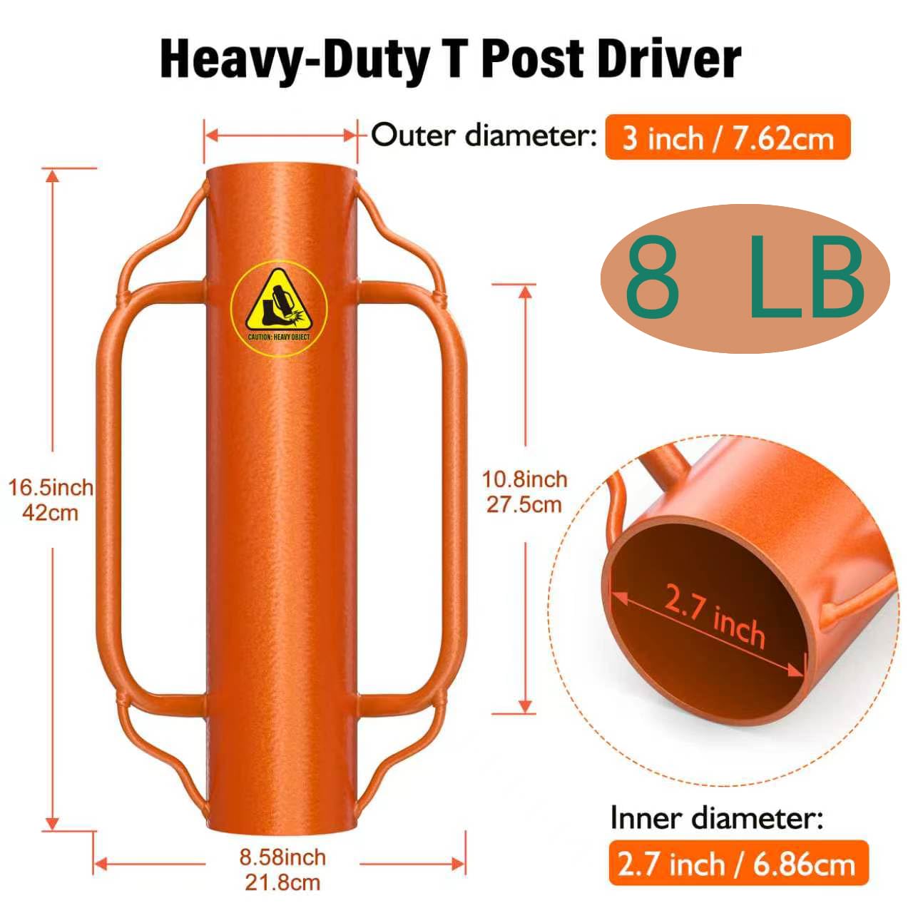Heavy Duty T Post Driver, 17" Steel Fence Post Pounder with Handles, Orange。8LB