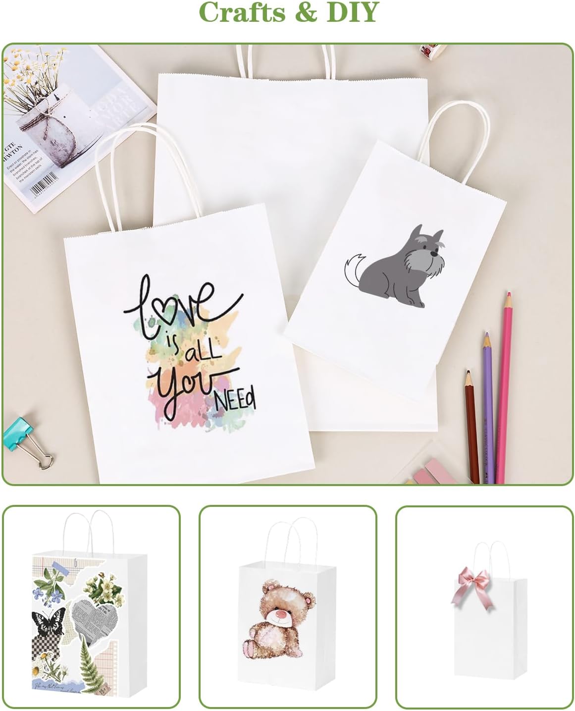 100pcs White Paper Bags with Handles Bulk, Gift Bags Assorted Sizes