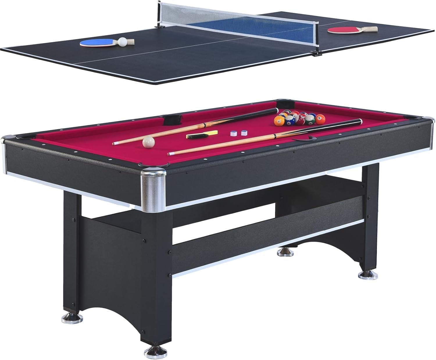 2 in 1 Pool and Table Tennis Multi Game Table, 6-Foot Modern Billiards Table with Conversion Top of Table Tennis