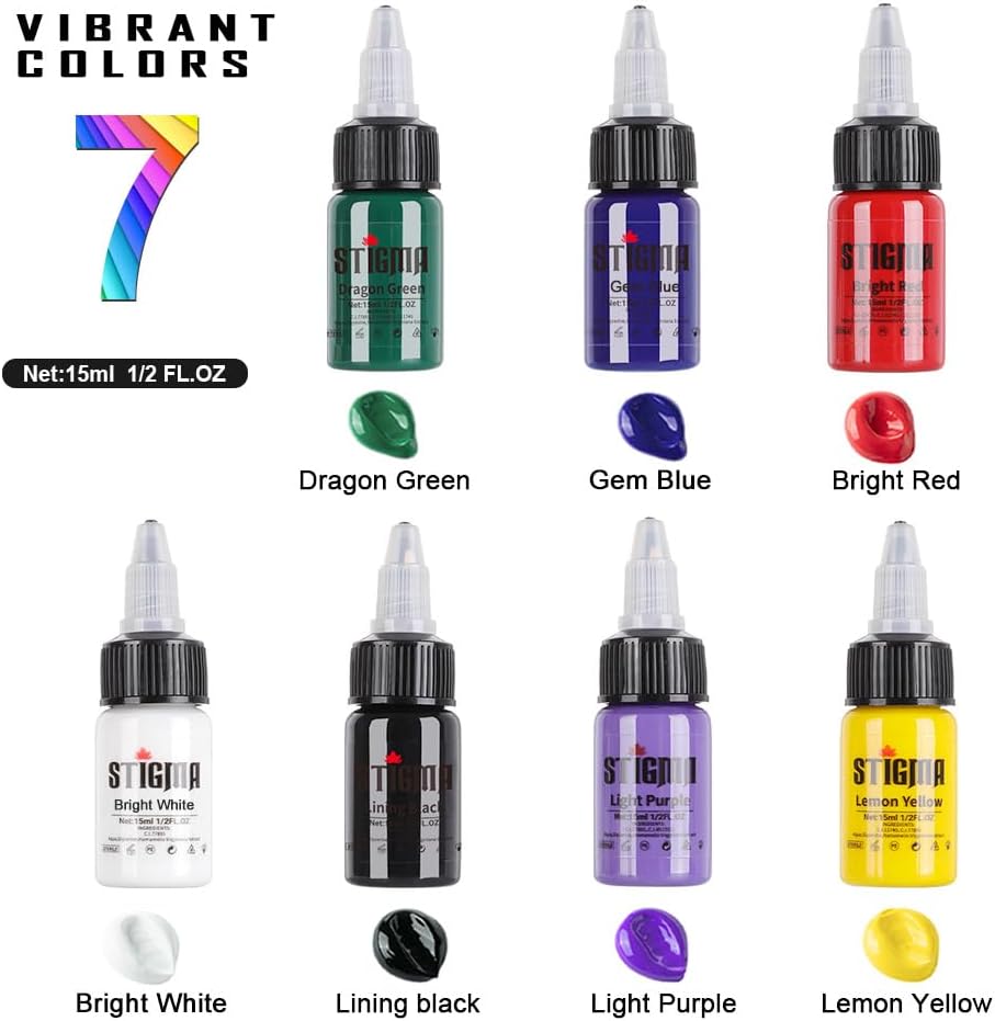 Professional Tattoo Ink Color Set 7 Colors with 15 ml 1/2oz per Bottle Tattoo Ink Set for Tattoo Artist and Beginners