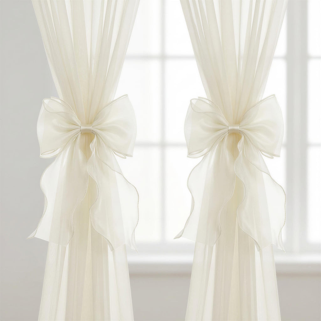 2 Pack French Lace Bow Curtain Tiebacks, Cream