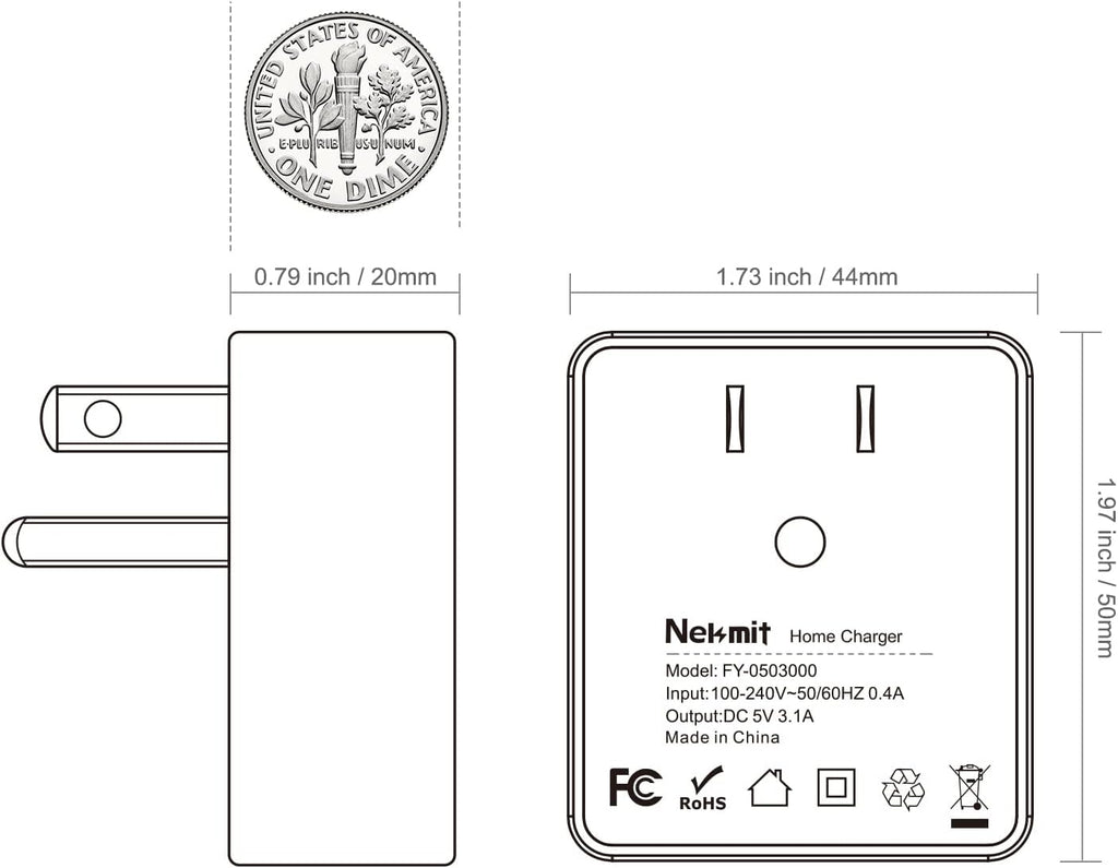Dual Port Ultra Thin Flat USB Wall Charger with Smart IC, White