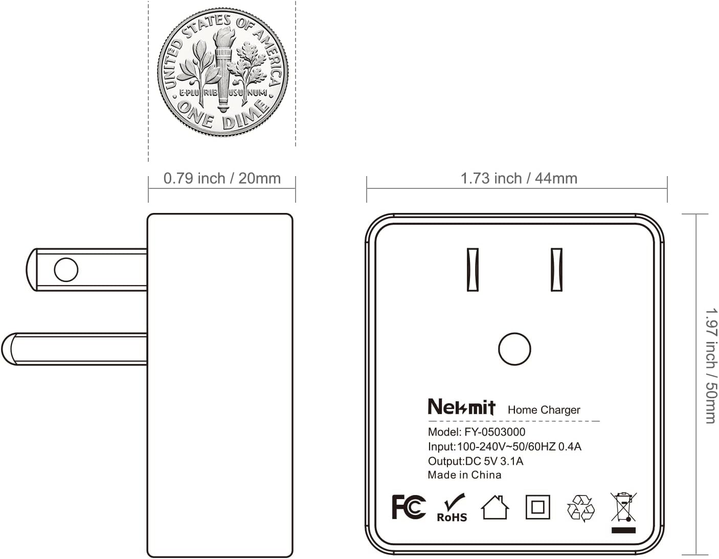 Dual Port Ultra Thin Flat USB Wall Charger with Smart IC, White