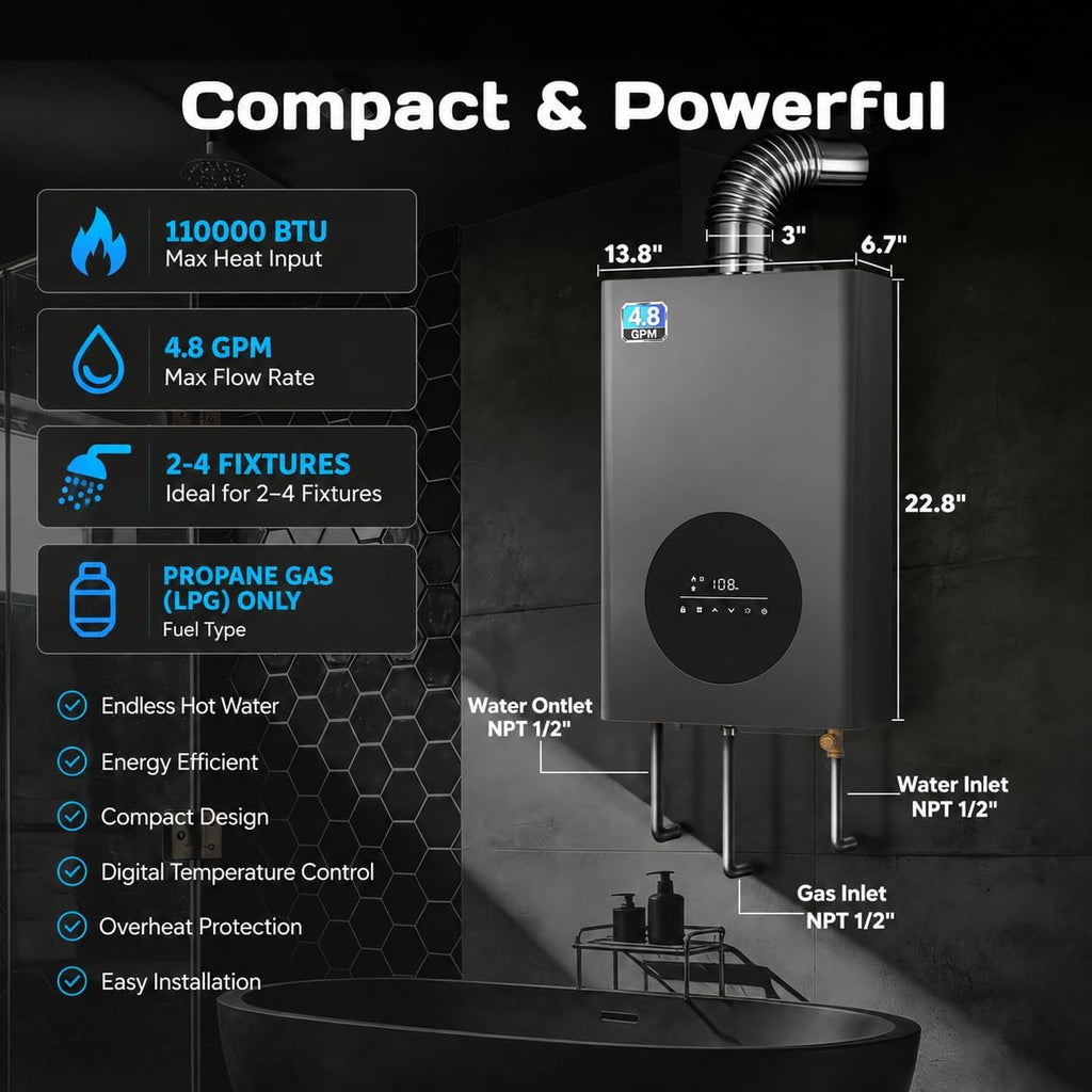 Propane Tankless Water Heater Indoor, 4.8 GPM Powerful Instand on Demand Propane Hot Water Heater 110,000 BTU, LED