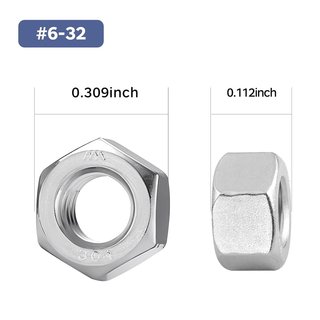 100 Pack #6-32 Hex Nuts, Stainless Steel 304 (18-8) Hex Nut, #6 Nut Standard Inch Coarse Thread Hex Machine Screw Nuts
