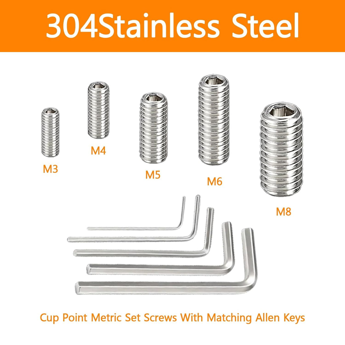 300 Pcs Set Screws, M3 M4 M5 M6 M8 Screws Assortment Kit,Allen Head Screws