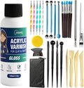 Air Dry Clay Glaze and Tools Kit, 100ml Gloss Clear Varnish with 29-Piece Clay Sculpting Set, Protective Top Coat for