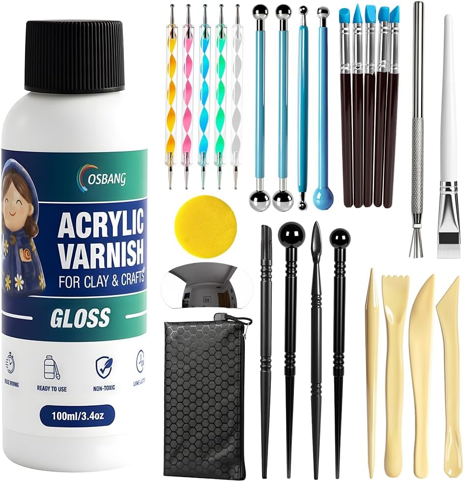 Air Dry Clay Glaze and Tools Kit, 100ml Gloss Clear Varnish with 29-Piece Clay Sculpting Set, Protective Top Coat for