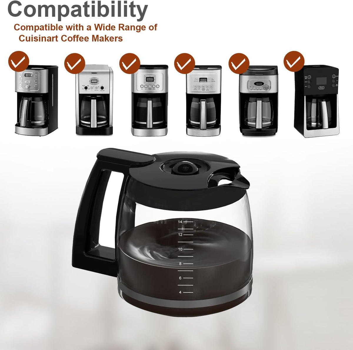 14-Cup Glass Carafe Replacement for Cuisinart Coffee Maker Models DCC-2200RC, DCC-2200, DCC-2600, DCC-2800, DCC-3200