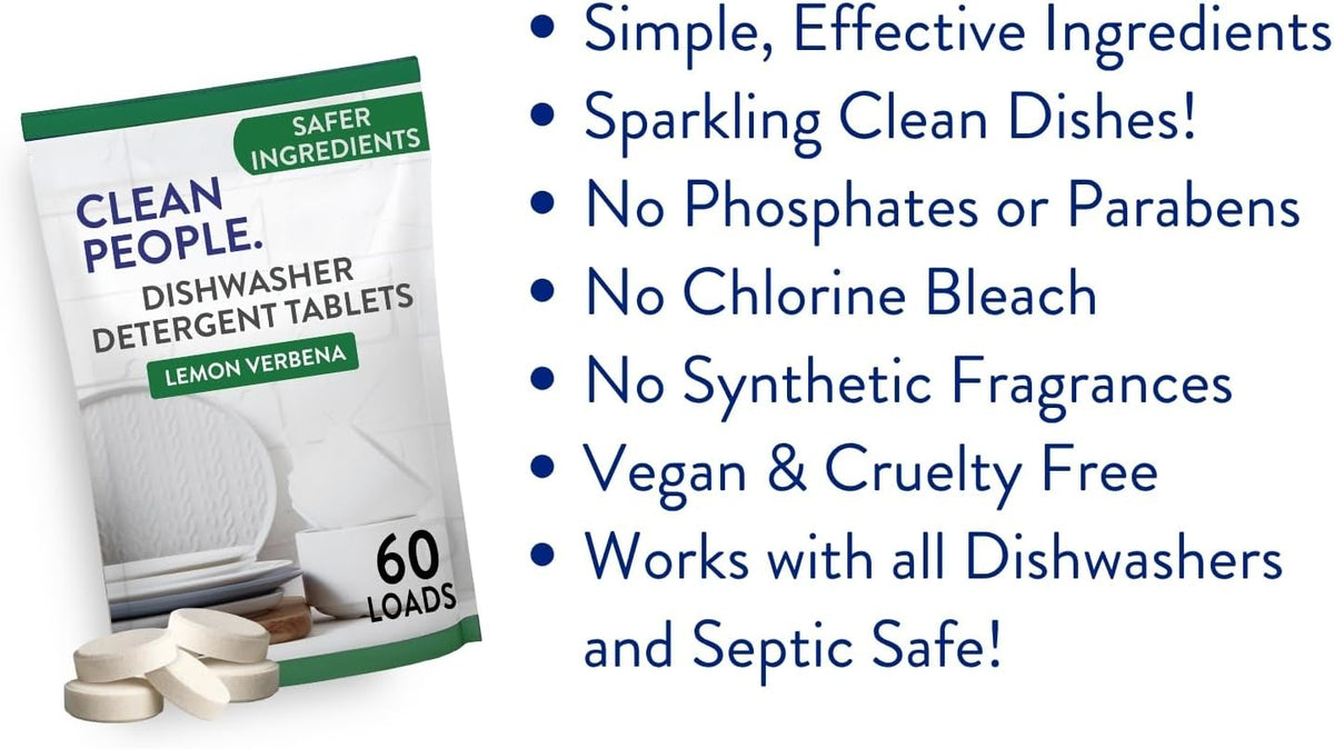 Clean People 100% Plastic-Free Dishwasher Detergent Tablets, 60ct, Lemon Verbena