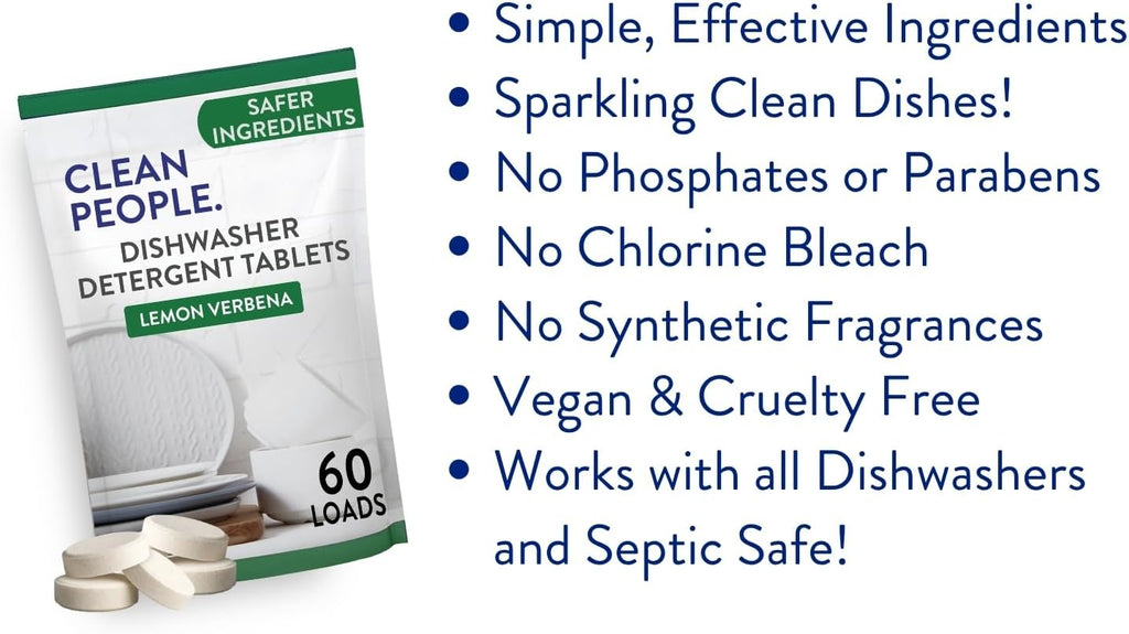Clean People 100% Plastic-Free Dishwasher Detergent Tablets, 60ct, Fragrance Free