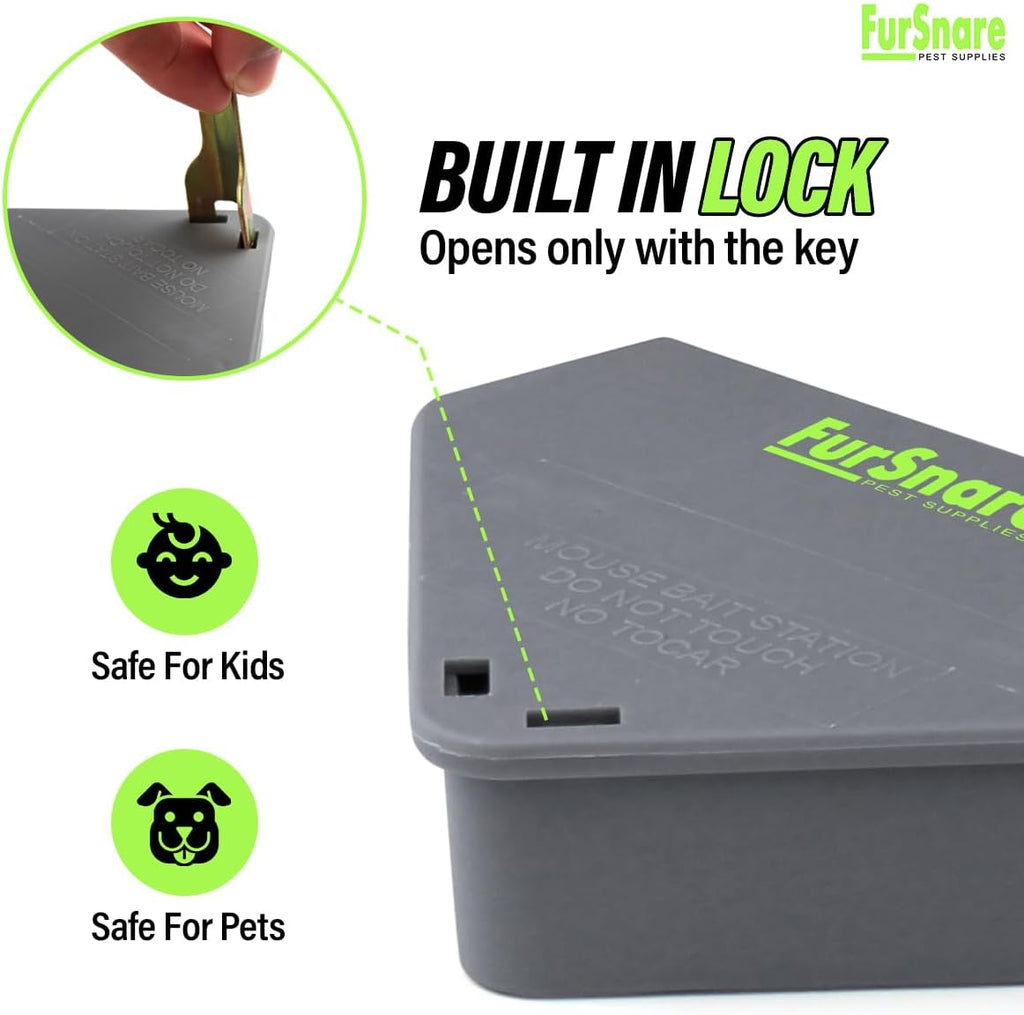 Furnsnare Mouse Bait Station (6 Pack) - Bait Boxes for Mice and Rats with Lockable Keys - Weatherproof Outdoor Mouse