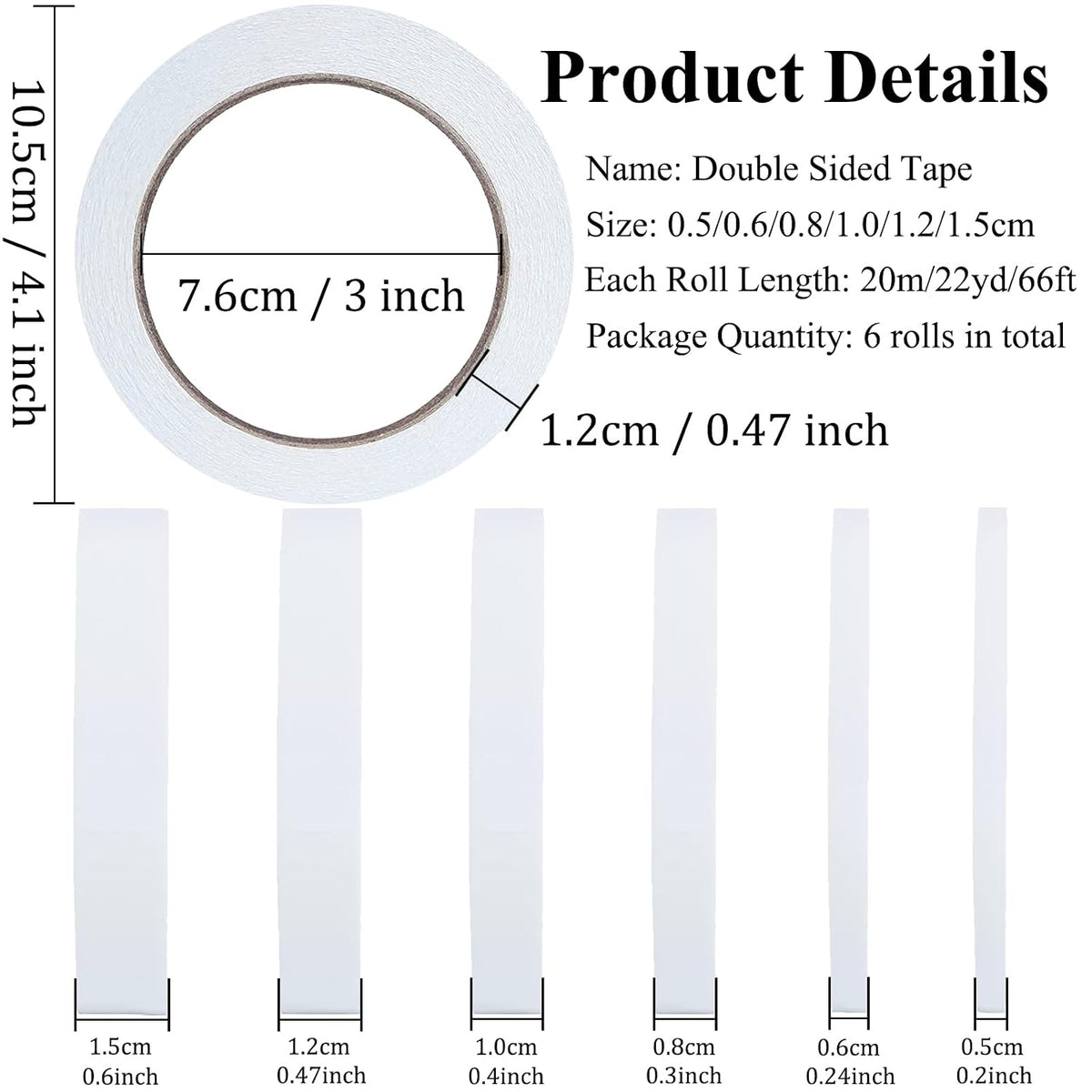 Double Sided Tape for Crafts, 6 Rolls Multi-Size Double-Sided Adhesive Tape for Arts, Photography, Gift Box