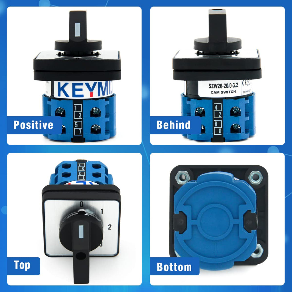20A Rotary Changeover Switch 660V 4 Position 2 Poles 8 Terminals,Universal Selector Switch with Blue Fork Terminals IP65 CE 20/0-3.2
