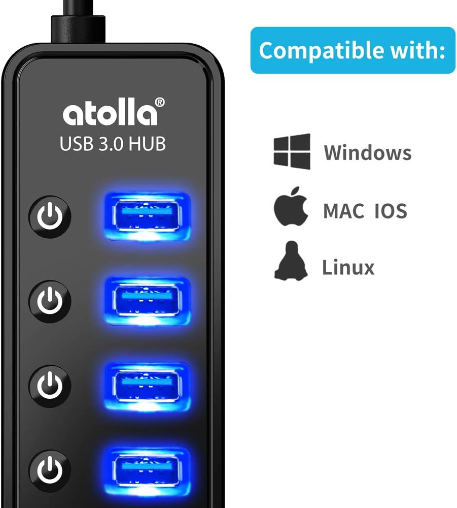 Powered USB Hub 3.0, Atolla 7-Port USB Data Hub Splitter with One Smart Charging Port and Individual On/Off Switches