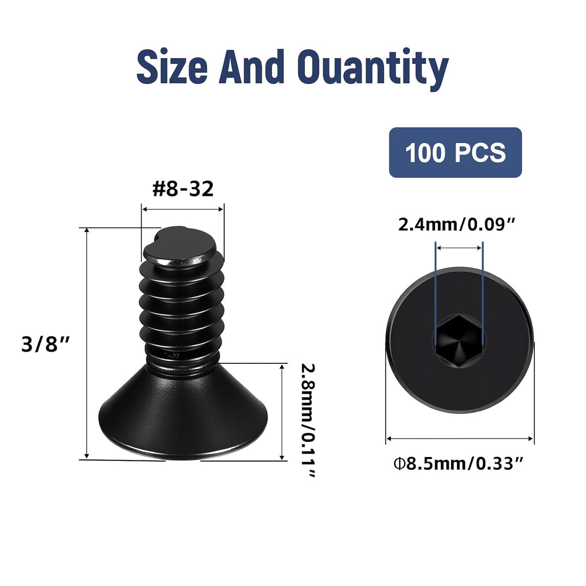 100 Pcs #8-32 x 3/8" Flat Head Socket Cap Machine Screws,Grade 10.9 Alloy Steel Countersunk Bolts,Fully Threaded Allen Hex Drive, Black Oxide Finish