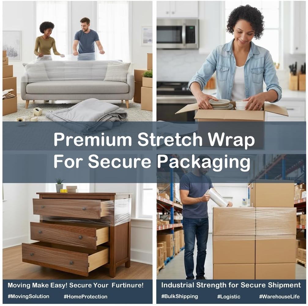 20 inch x 1000 Feet Stretch Wrap With Handle, Clear Stretch Film, 4 Rolls