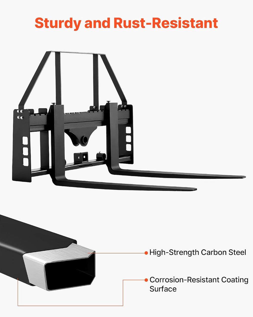 Skid Steer Pallet Forks, 45" Pallet Fork Frame with 48" Fork Blades, 2-inch Hitch Receiver & Spear Sleeves, Rated