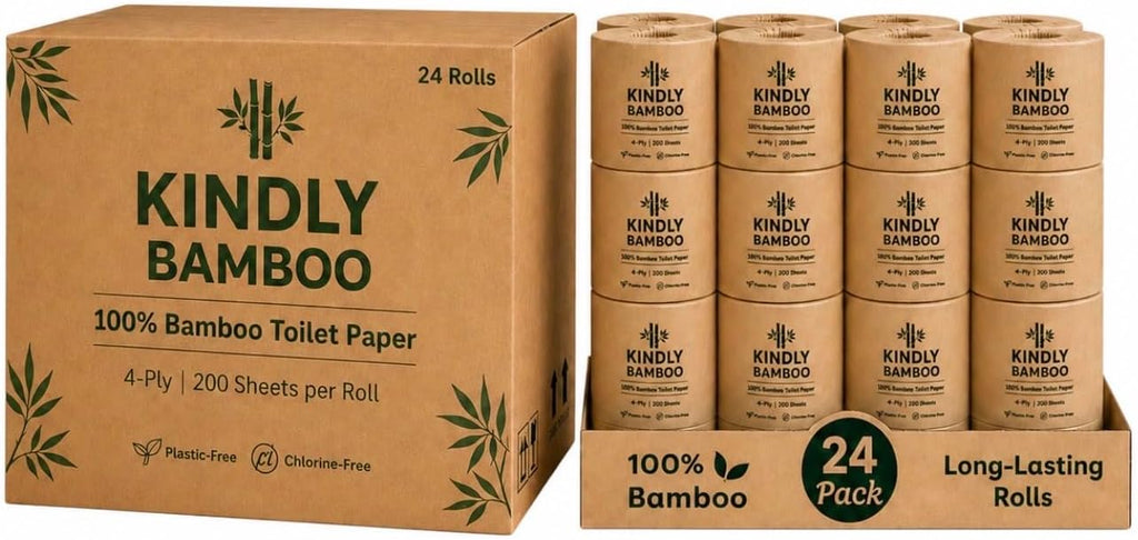 PREMIUM 4-PLY 100% White Bamboo Toilet Paper - 24 Rolls, Large 200 Sheets Per Roll, Eco-friendly, biodegradable