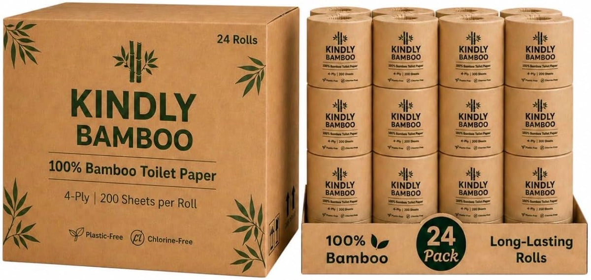 PREMIUM 4-PLY 100% White Bamboo Toilet Paper - 24 Rolls, Large 200 Sheets Per Roll, Eco-friendly, biodegradable