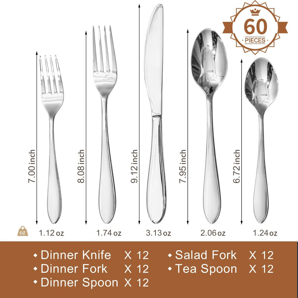 60-Piece Silverware Set for 12,18/10 Stainless Steel