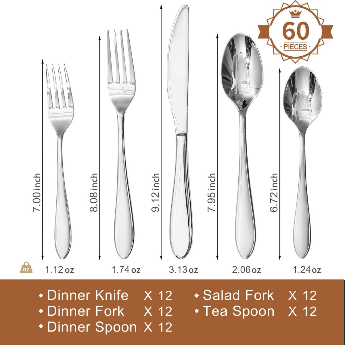60-Piece Silverware Set for 12,18/10 Stainless Steel