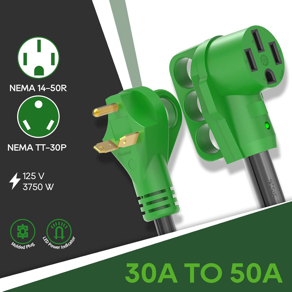30 Amp to 50 Amp RV Adapter Cord 12 Inch | NEMA TT-30P to NEMA 14-50R Electrical Power Adapter with LED Power