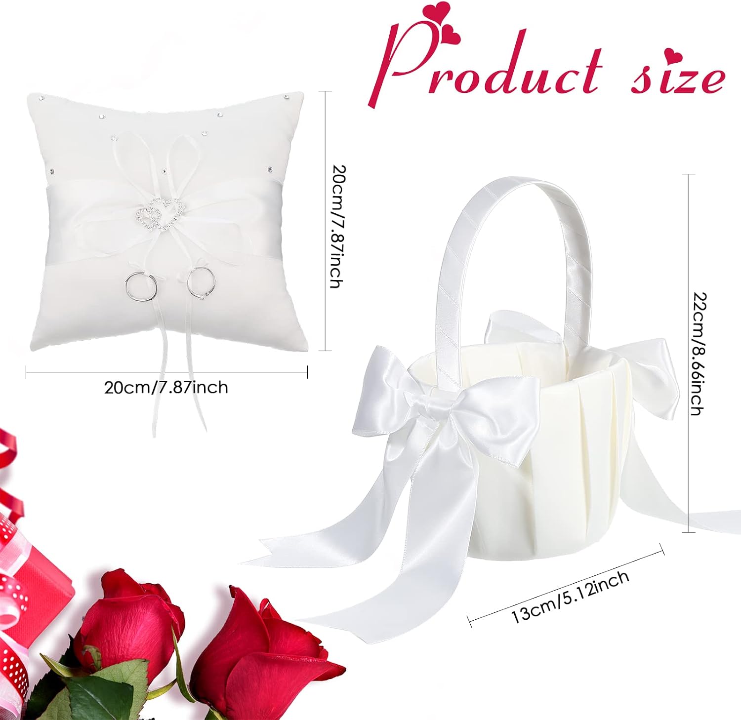 White Flower Girl Basket and Ring Bearer Pillow Set Rhinestones Satin Wedding Ring Pillow Wedding Flower Baskets for